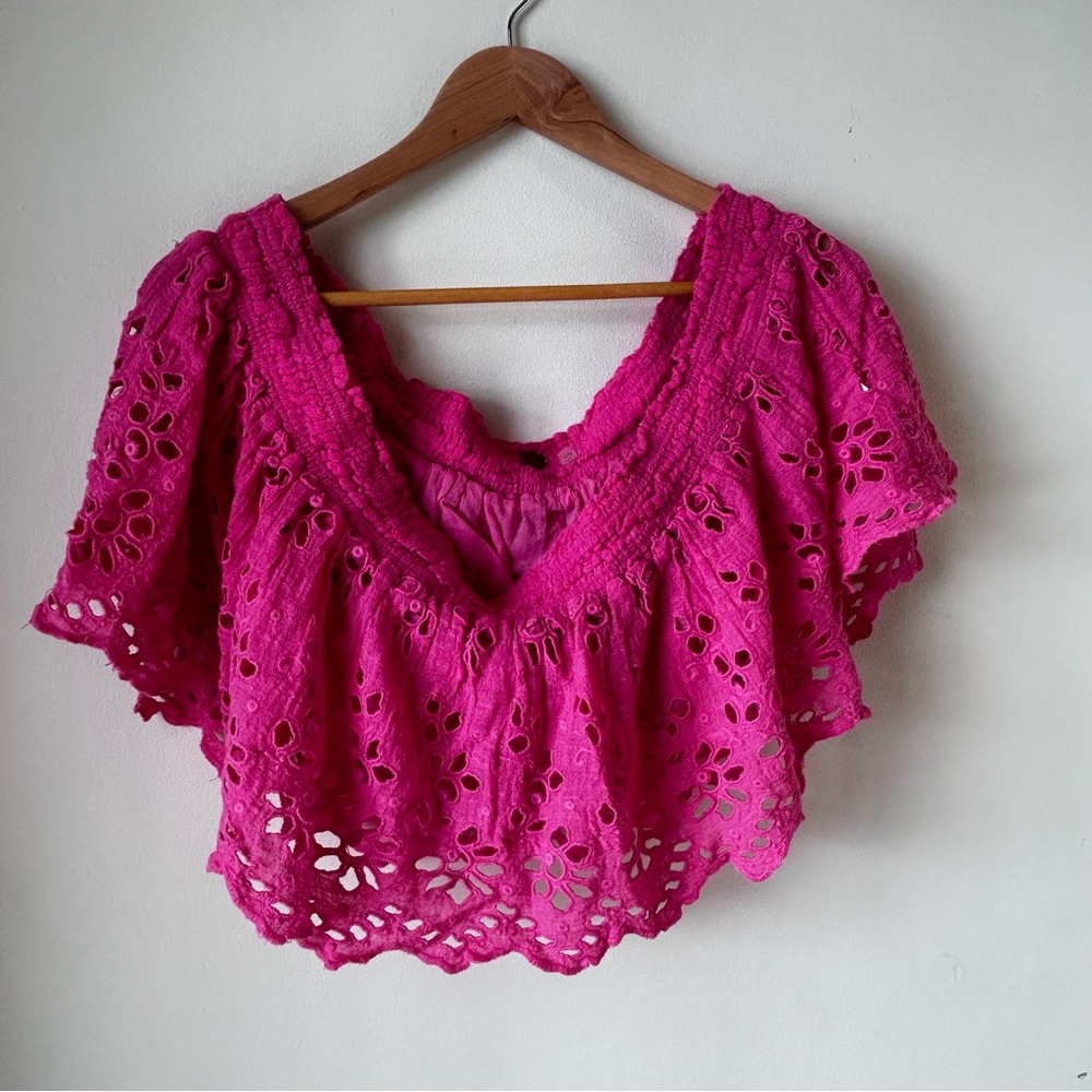 Free People One Perla Eyelet Lace Off-shoulder Barbie Hot Pink Crop Top XL